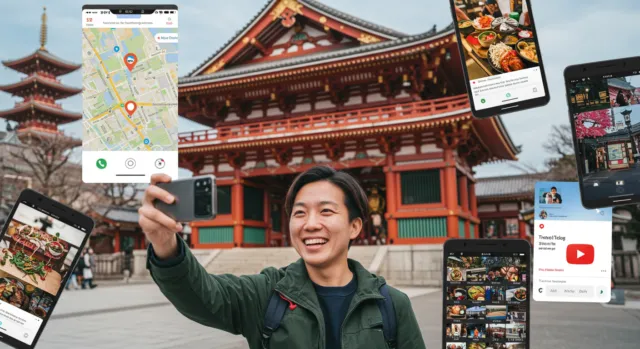 A traveler in Japan taking a photo, with phone screens showing maps, food, and social media around him.