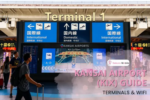 Flight information and directional signage inside Kansai Airport Terminal 1 showing international and domestic departures.