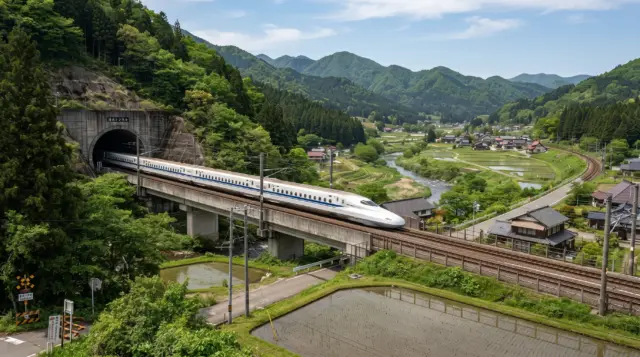A high-speed Shinkansen bullet train travels across a bridge through a scenic, rural Japanese countryside village.