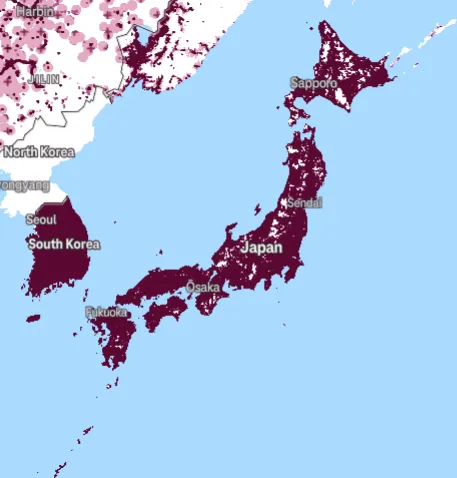 Coverage map showing where T-Mobile roaming reaches across Japan.