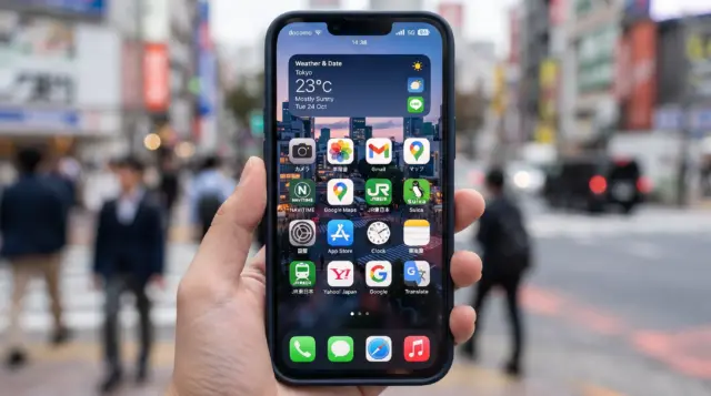 An iPhone home screen with Japanese transport apps is held against a blurred Shibuya street background.