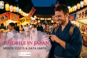 A smiling tourist in a blue yukata uses his smartphone at a Japanese night festival while roaming on T-Mobile.