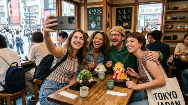 Four friends smiling and taking a selfie while eating kakigori shaved ice at a cafe in Tokyo.