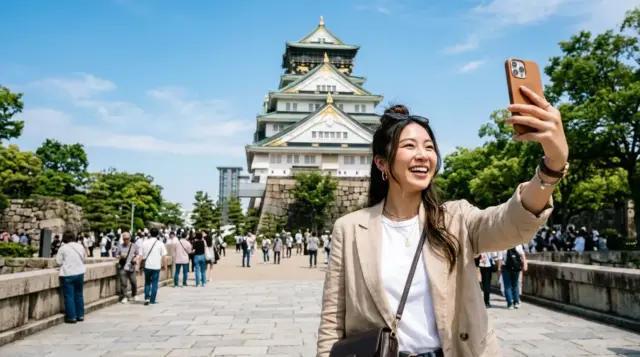A traveler holding her smartphone to take a photo at Osaka Castle on a sunny day.