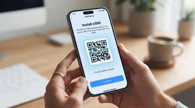 A close-up of hands holding a phone displaying an eSIM activation QR code screen.