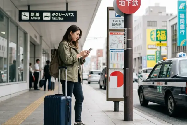 Female traveler using her phone near Arrival, Taxi/Bus, Subway, and Hakata Station signs.