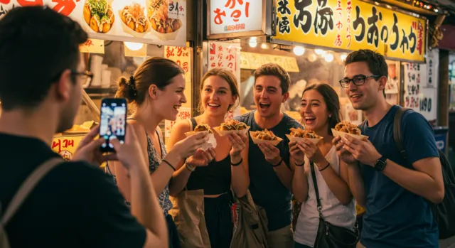 Happy travelers enjoying takoyaki on a street in Osaka, with one person taking a picture of the group.
