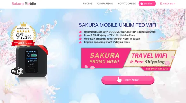 Screenshot of Sakura Mobile website showing the unlimited Pocket WiFi device and promotional offer for unlimited data.