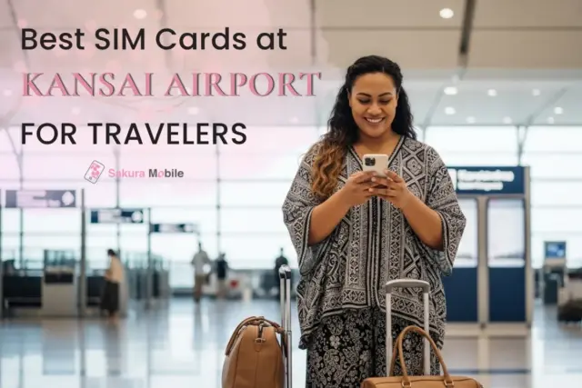 Traveler using phone at Kansai Airport with SIM card for internet access.