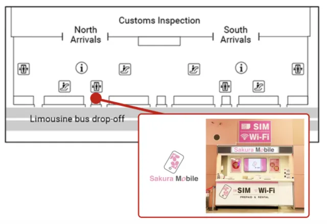 A map depicting the pickup location in Terminal 1 for Sakura Mobile at Kansai International Airport (KIX).