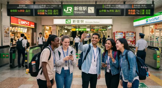Diverse group of study abroad students taking a selfie inside JR Shinjuku Station in Tokyo, Japan.