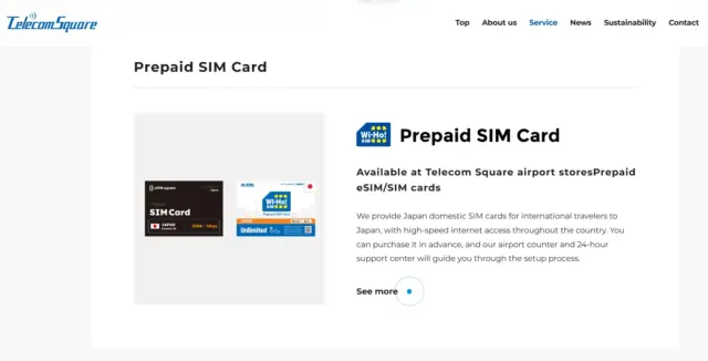A screenshot of the Telecom Square website, showing options for Telecom Square airport stores Prepaid SIM cards.