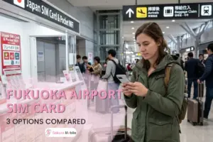 A traveler checking their phone settings before buying a SIM card at Fukuoka Airport.