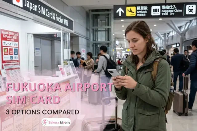 A traveler checking their phone settings before buying a SIM card at Fukuoka Airport.