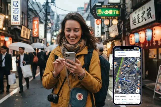A traveler in a busy Tokyo street uses her phone, which displays an eSIM map.