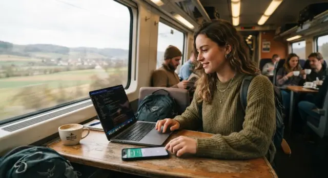 A woman with a laptop and coffee works remotely from a seat on a train.