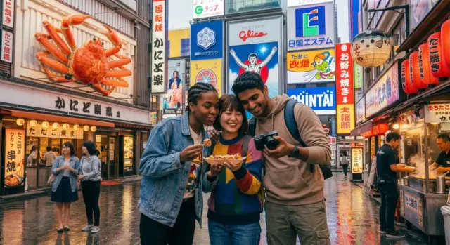 Group of friends eating and having fun traveling