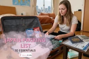 Traveler packing a suitcase with essentials for a trip to Japan.