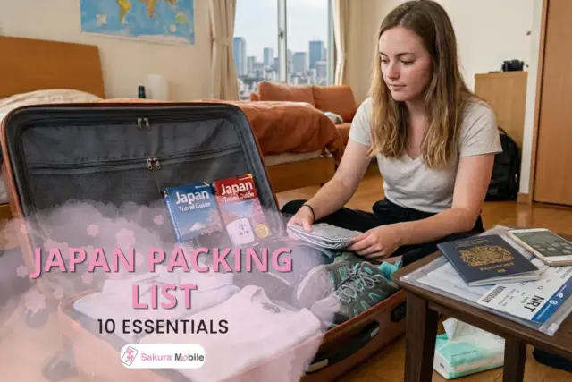 Traveler packing a suitcase with essentials for a trip to Japan.